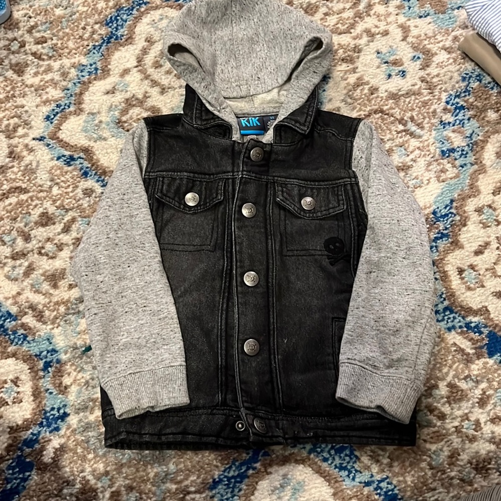 Half Jean/half sweatshirt hooded jean jacket. 3t